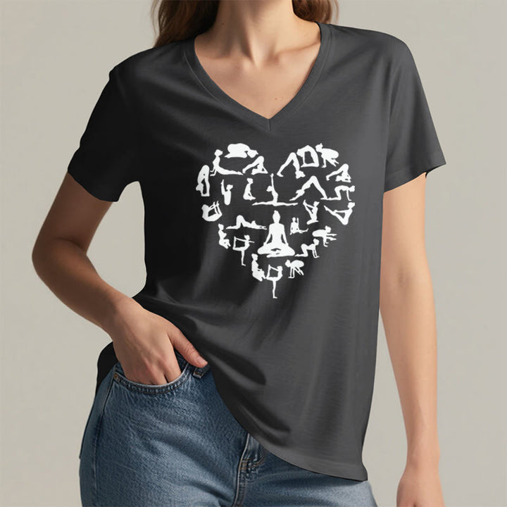 T-shirt à col en V pour femme Olivenorma avec motif silhouette de toutes les postures de yoga en forme de cœur - image 17