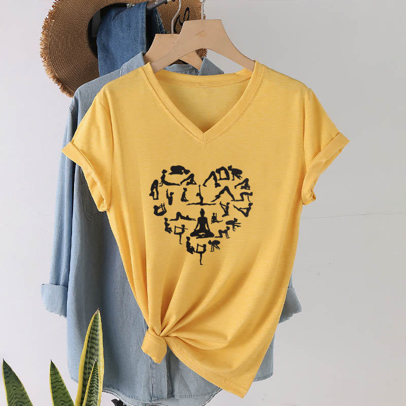 T-shirt à col en V pour femme Olivenorma avec motif silhouette de toutes les postures de yoga en forme de cœur - image 31