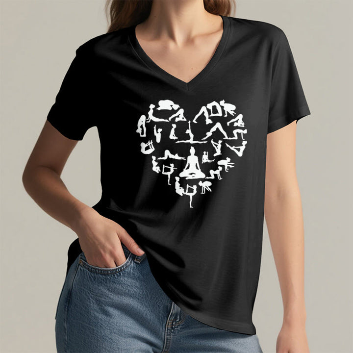T-shirt à col en V pour femme Olivenorma avec motif silhouette de toutes les postures de yoga en forme de cœur - image 14