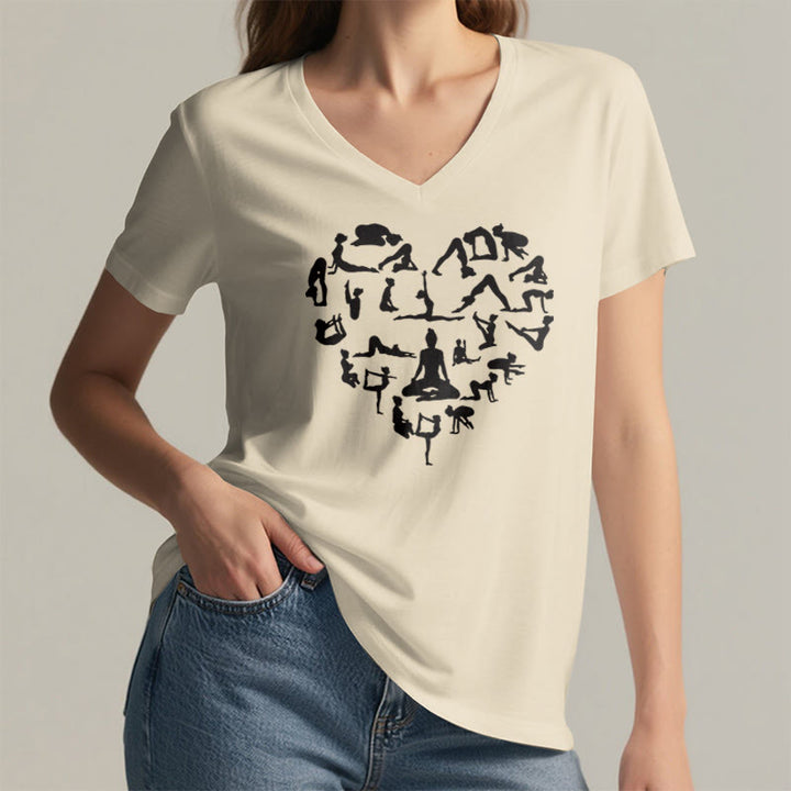 T-shirt à col en V pour femme Olivenorma avec motif silhouette de toutes les postures de yoga en forme de cœur - image 8