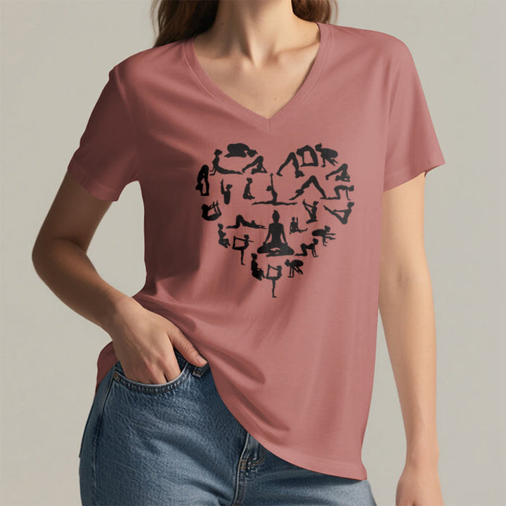 T-shirt à col en V pour femme Olivenorma avec motif silhouette de toutes les postures de yoga en forme de cœur - image 2