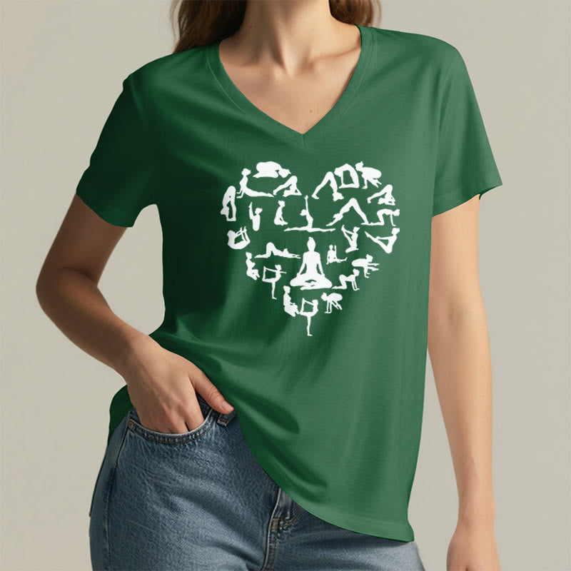 T-shirt à col en V pour femme Olivenorma avec motif silhouette de toutes les postures de yoga en forme de cœur - image 26