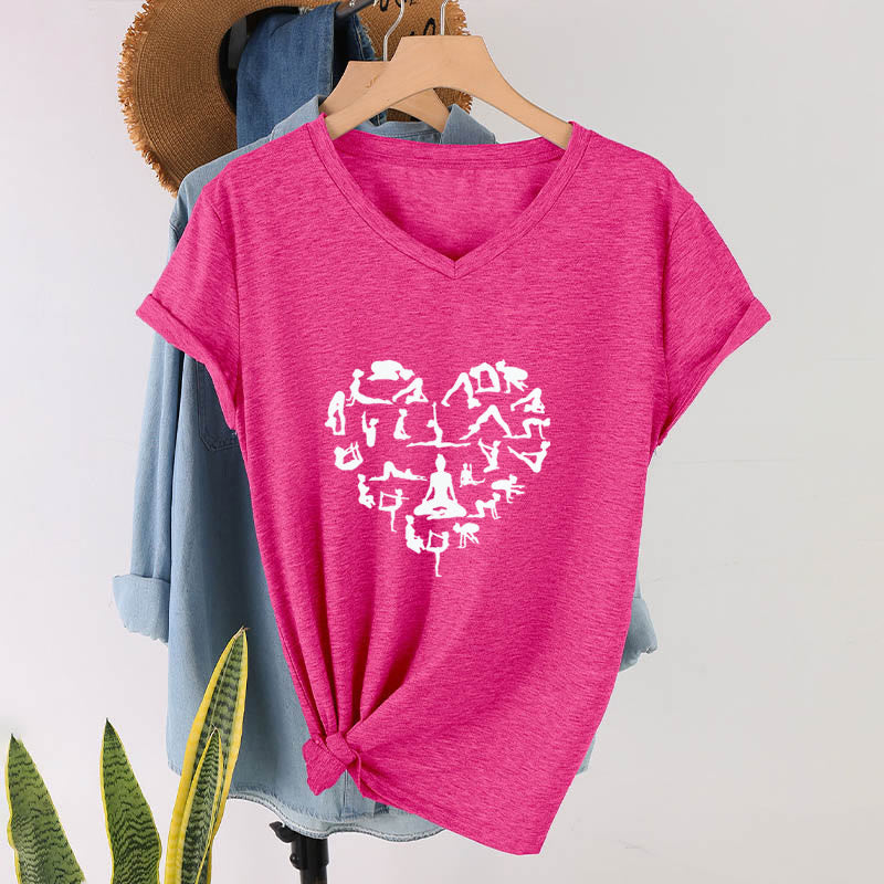T-shirt à col en V pour femme Olivenorma avec motif silhouette de toutes les postures de yoga en forme de cœur - image 34