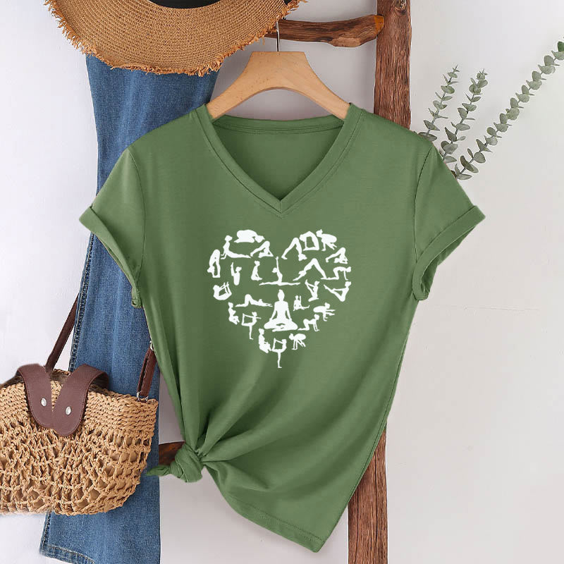 T-shirt à col en V pour femme Olivenorma avec motif silhouette de toutes les postures de yoga en forme de cœur - image 4