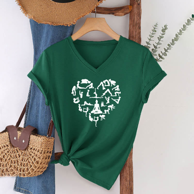 T-shirt à col en V pour femme Olivenorma avec motif silhouette de toutes les postures de yoga en forme de cœur - image 25