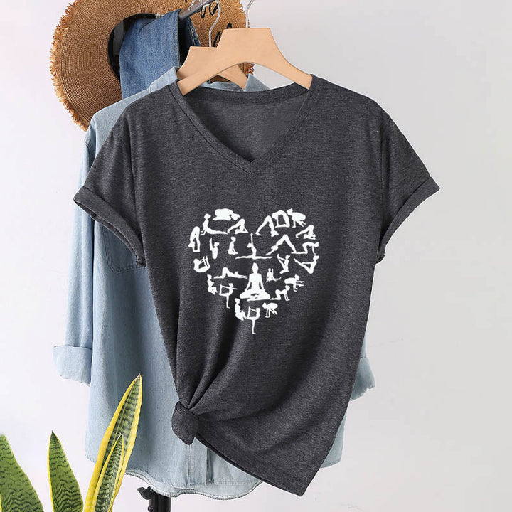 T-shirt à col en V pour femme Olivenorma avec motif silhouette de toutes les postures de yoga en forme de cœur - image 16