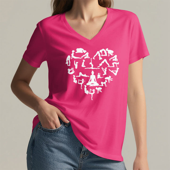 T-shirt à col en V pour femme Olivenorma avec motif silhouette de toutes les postures de yoga en forme de cœur - image 35