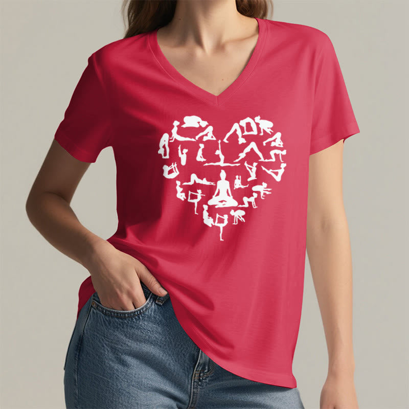 T-shirt à col en V pour femme Olivenorma avec motif silhouette de toutes les postures de yoga en forme de cœur - image 29