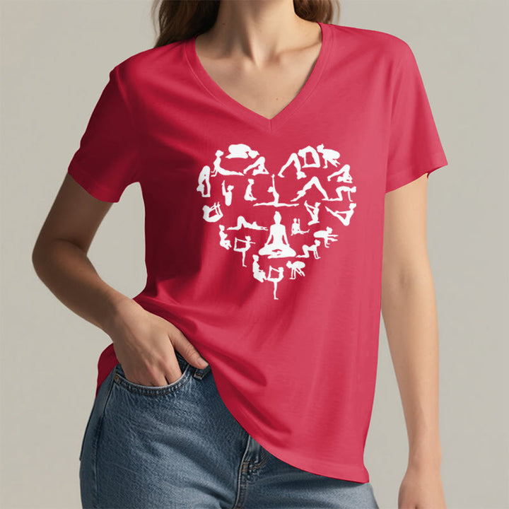 T-shirt à col en V pour femme Olivenorma avec motif silhouette de toutes les postures de yoga en forme de cœur - image 29
