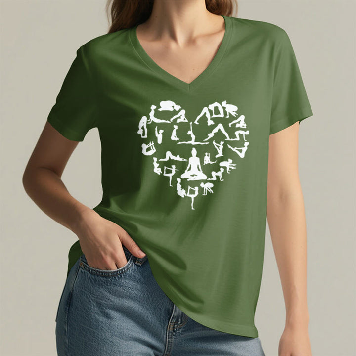 T-shirt à col en V pour femme Olivenorma avec motif silhouette de toutes les postures de yoga en forme de cœur - image 5