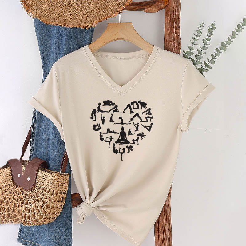 T-shirt à col en V pour femme Olivenorma avec motif silhouette de toutes les postures de yoga en forme de cœur - image 7