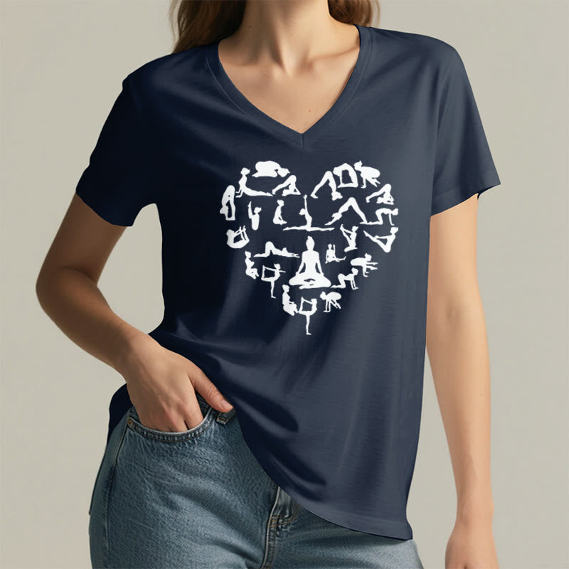 T-shirt à col en V pour femme Olivenorma avec motif silhouette de toutes les postures de yoga en forme de cœur - image 23