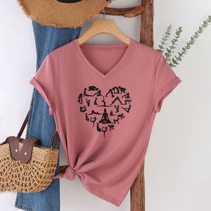 T-shirt à col en V pour femme Olivenorma avec motif silhouette de toutes les postures de yoga en forme de cœur - image 1