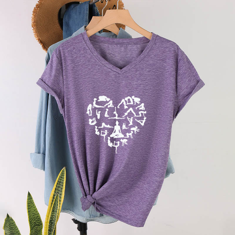 T-shirt à col en V pour femme Olivenorma avec motif silhouette de toutes les postures de yoga en forme de cœur - image 37