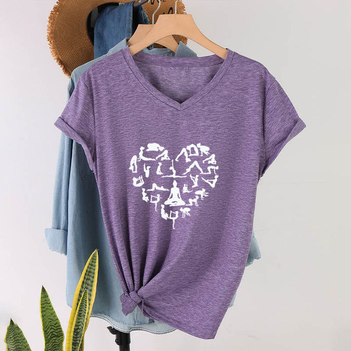 T-shirt à col en V pour femme Olivenorma avec motif silhouette de toutes les postures de yoga en forme de cœur - image 37
