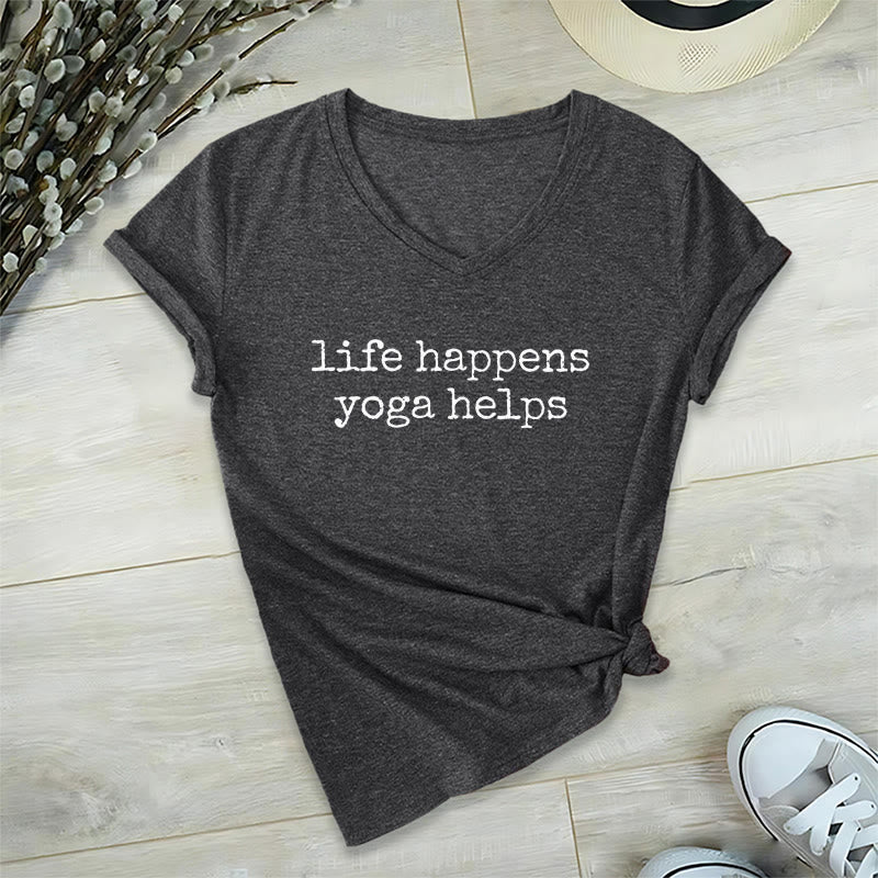 T-shirt à col en V pour femme Olivenorma « La vie est ainsi faite » avec un texte humoristique et un message du yoga - Gris - 2XL - image 0