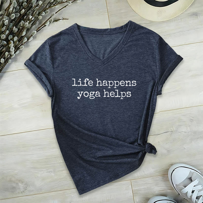 T-shirt à col en V pour femme Olivenorma « La vie est ainsi faite » avec un texte humoristique et un message du yoga - Bleu marine - 2XL - image 21