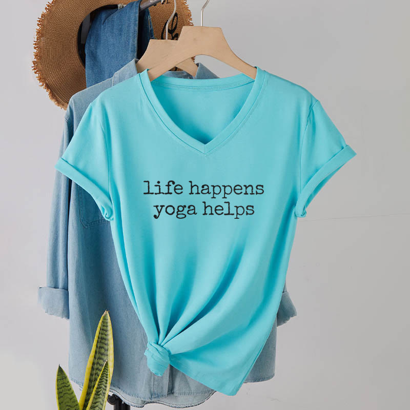 T-shirt à col en V pour femme Olivenorma « La vie est ainsi faite » avec un texte humoristique et un message du yoga - image 13