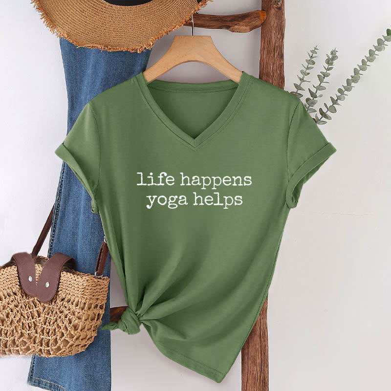 T-shirt à col en V pour femme Olivenorma « La vie est ainsi faite » avec un texte humoristique et un message du yoga - image 4