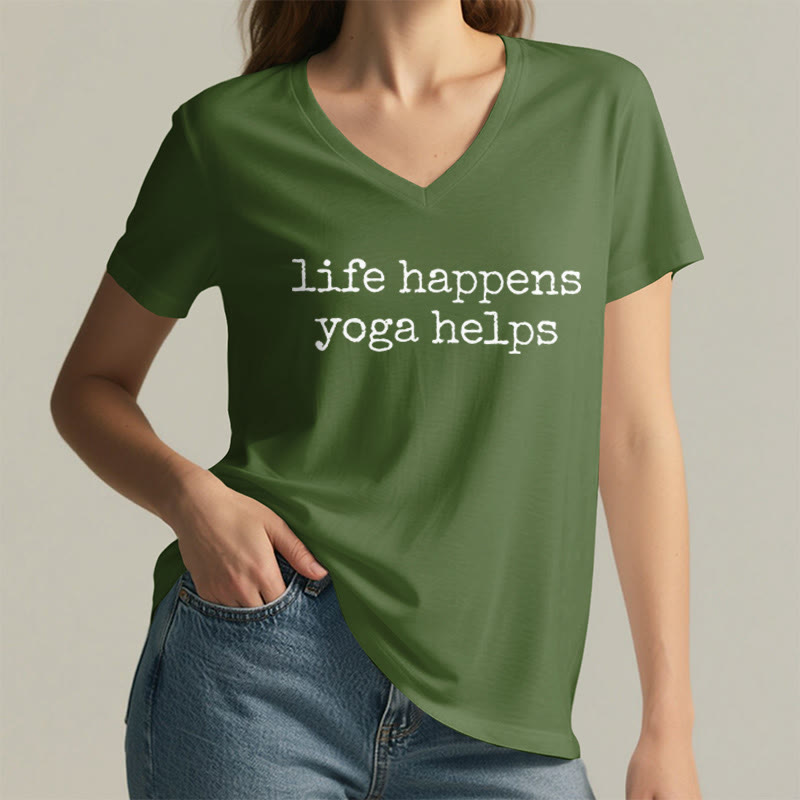 T-shirt à col en V pour femme Olivenorma « La vie est ainsi faite » avec un texte humoristique et un message du yoga - image 5