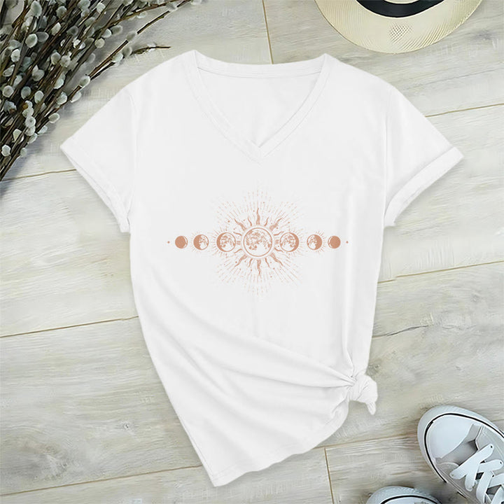 T-shirt Olivenorma Boho à col en V pour femme, motif céleste soleil et lune - Blanc - 2XL - image 18