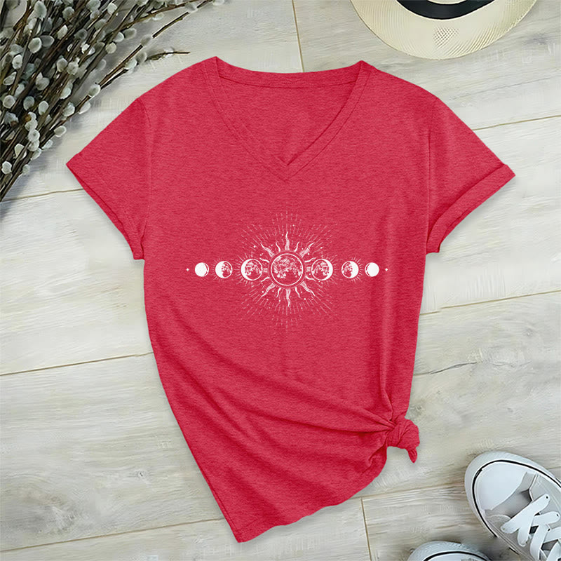 T-shirt Olivenorma Boho à col en V pour femme, motif céleste soleil et lune - Rouge - 2XL - image 27
