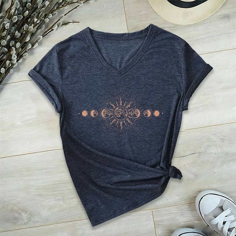 T-shirt Olivenorma Boho à col en V pour femme, motif céleste soleil et lune - Bleu marine - 2XL - image 21