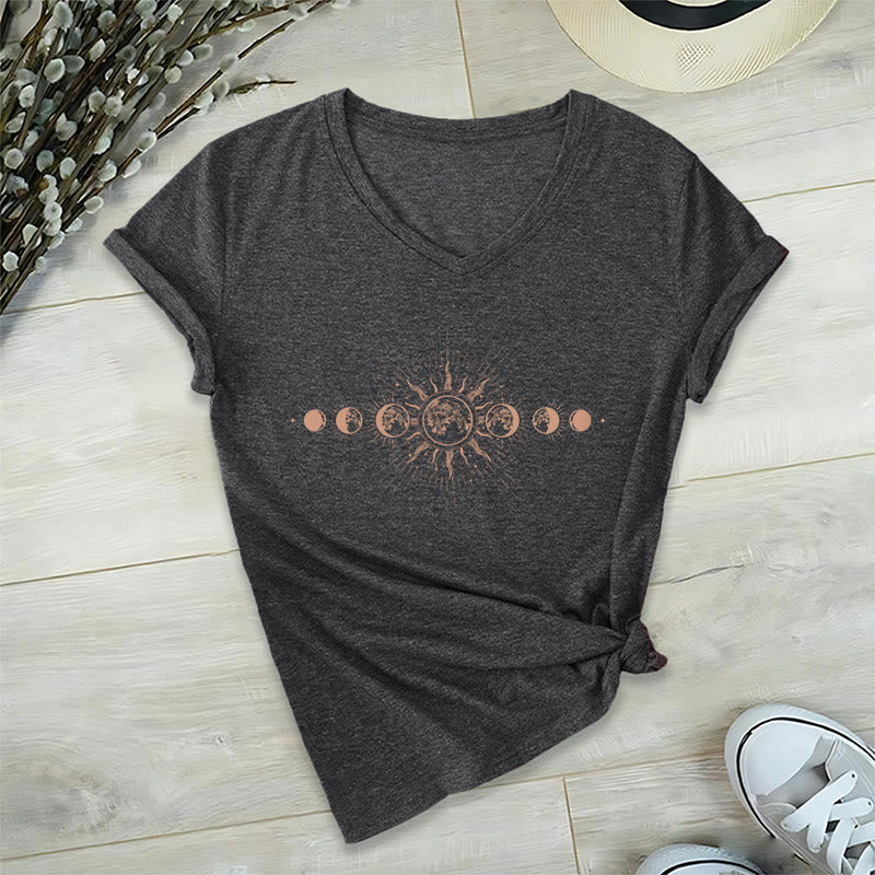 T-shirt Olivenorma Boho à col en V pour femme, motif céleste soleil et lune - Gris - 2XL - image 15