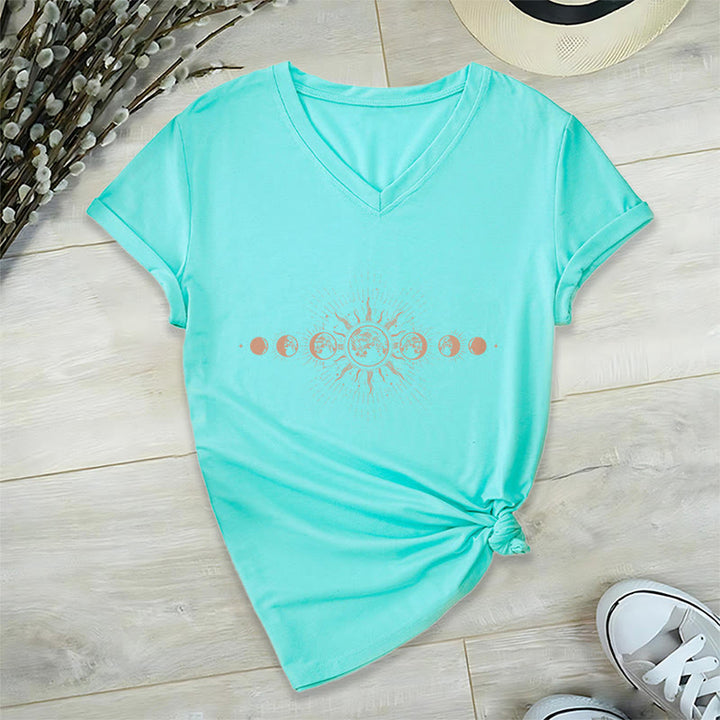 T-shirt Olivenorma Boho à col en V pour femme, motif céleste soleil et lune - Lac Bleu - 2XL - image 12