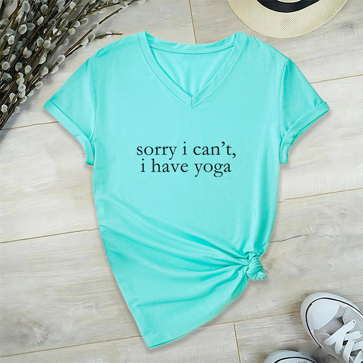 T-shirt à col en V pour femme Olivenorma « Désolée, je ne peux pas, j'ai du yoga » avec slogan humoristique - Lac Bleu - 2XL - image 9