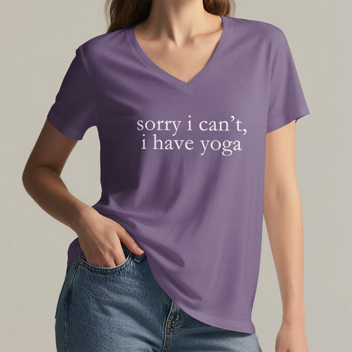 T-shirt à col en V pour femme Olivenorma « Désolée, je ne peux pas, j'ai du yoga » avec slogan humoristique - image 38
