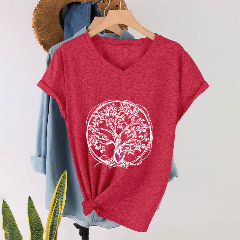 T-shirt Olivenorma Circle Heart Root Tree Of Life à col en V pour femme, style bohème - Rouge - 2XL - image 27