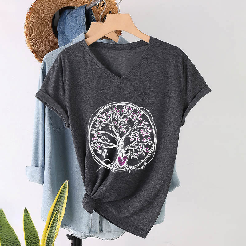 T-shirt Olivenorma Circle Heart Root Tree Of Life à col en V pour femme, style bohème - Gris - 2XL - image 15
