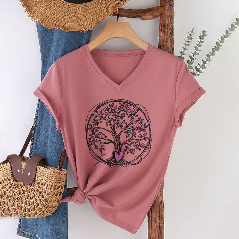 T-shirt Olivenorma Circle Heart Root Tree Of Life à col en V pour femme, style bohème - Rose - 2XL - image 6