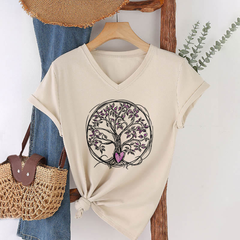 T-shirt Olivenorma Circle Heart Root Tree Of Life à col en V pour femme, style bohème - Kaki - 2XL - image 3