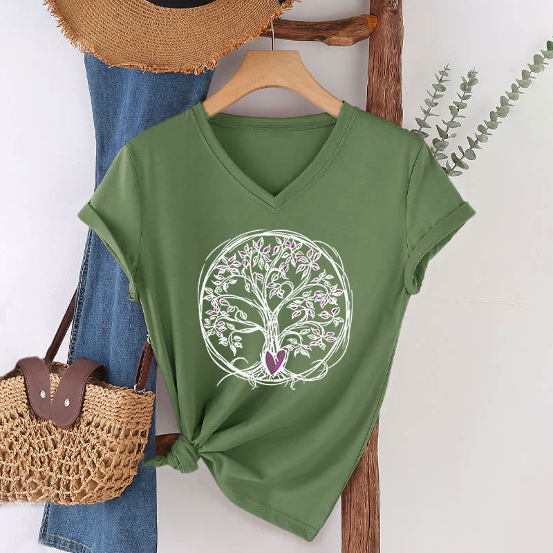 T-shirt Olivenorma Circle Heart Root Tree Of Life à col en V pour femme, style bohème - Vert olive - 2XL - image 0