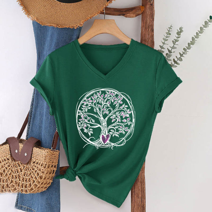 T-shirt Olivenorma Circle Heart Root Tree Of Life à col en V pour femme, style bohème - Vert foncé - 2XL - image 24