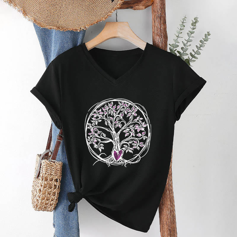 T-shirt Olivenorma Circle Heart Root Tree Of Life à col en V pour femme, style bohème - Noir - 2XL - image 12