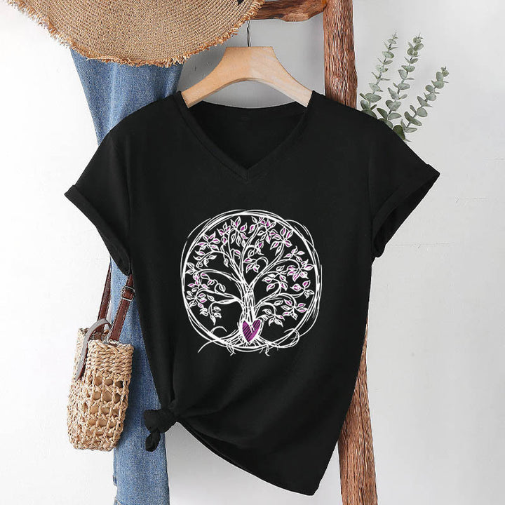 T-shirt Olivenorma Circle Heart Root Tree Of Life à col en V pour femme, style bohème - Noir - 2XL - image 12