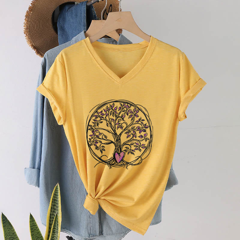 T-shirt Olivenorma Circle Heart Root Tree Of Life à col en V pour femme, style bohème - Jaune - 2XL - image 30