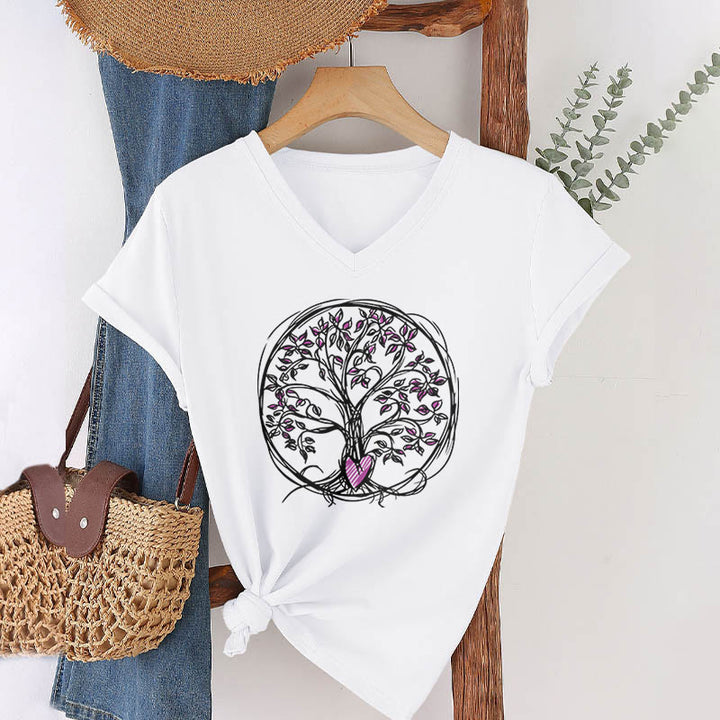T-shirt Olivenorma Circle Heart Root Tree Of Life à col en V pour femme, style bohème - Blanc - 2XL - image 18