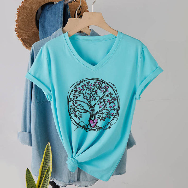 T-shirt Olivenorma Circle Heart Root Tree Of Life à col en V pour femme, style bohème - Lac Bleu - 2XL - image 9