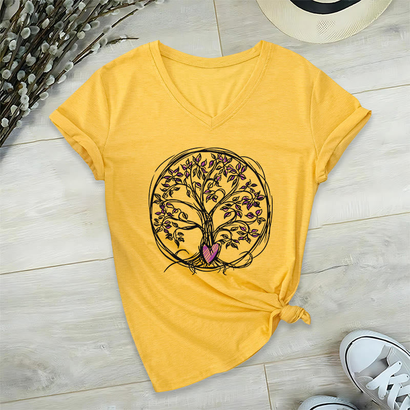 T-shirt Olivenorma Circle Heart Root Tree Of Life à col en V pour femme, style bohème - image 31