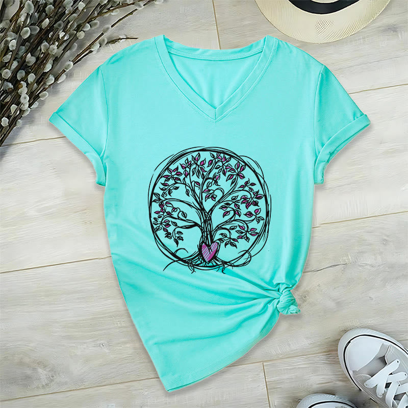 T-shirt Olivenorma Circle Heart Root Tree Of Life à col en V pour femme, style bohème - image 10