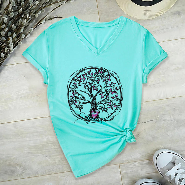 T-shirt Olivenorma Circle Heart Root Tree Of Life à col en V pour femme, style bohème - image 10