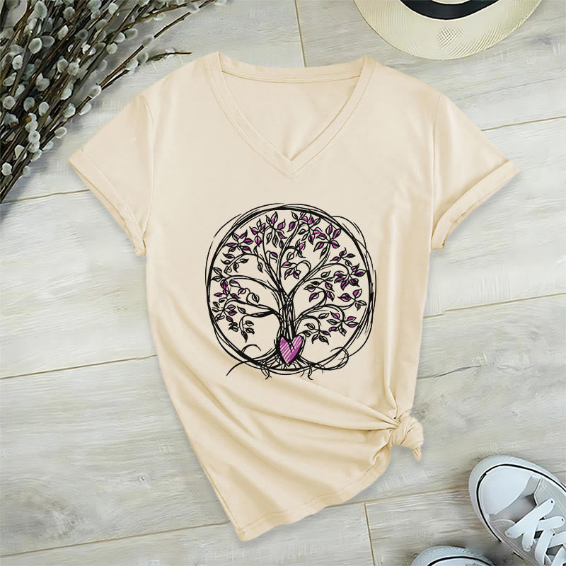 T-shirt Olivenorma Circle Heart Root Tree Of Life à col en V pour femme, style bohème - image 4