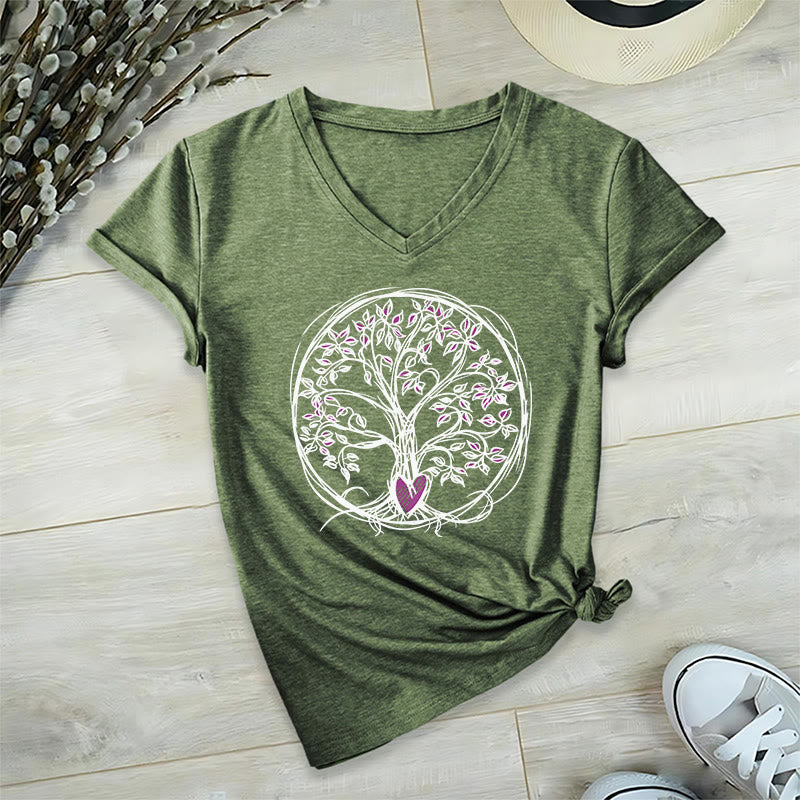 T-shirt Olivenorma Circle Heart Root Tree Of Life à col en V pour femme, style bohème - image 1
