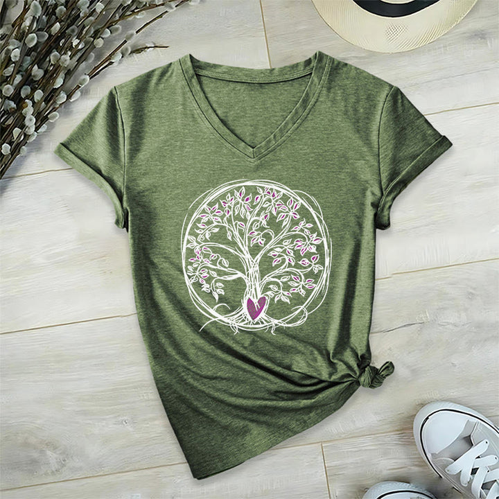 T-shirt Olivenorma Circle Heart Root Tree Of Life à col en V pour femme, style bohème - image 1