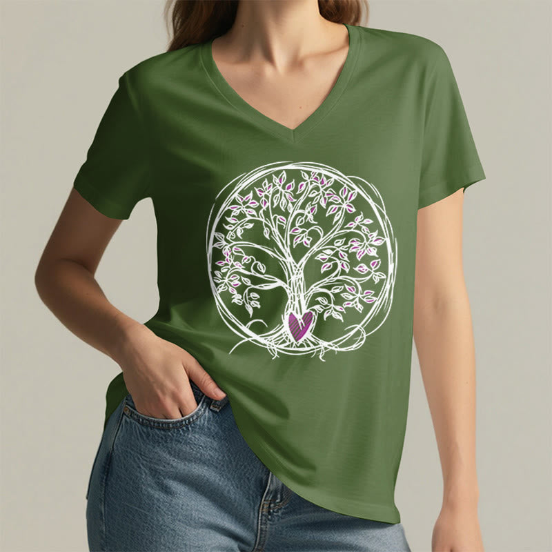 T-shirt Olivenorma Circle Heart Root Tree Of Life à col en V pour femme, style bohème - image 2