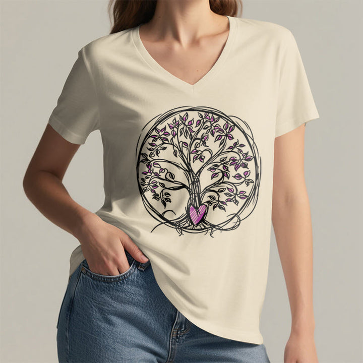 T-shirt Olivenorma Circle Heart Root Tree Of Life à col en V pour femme, style bohème - image 5